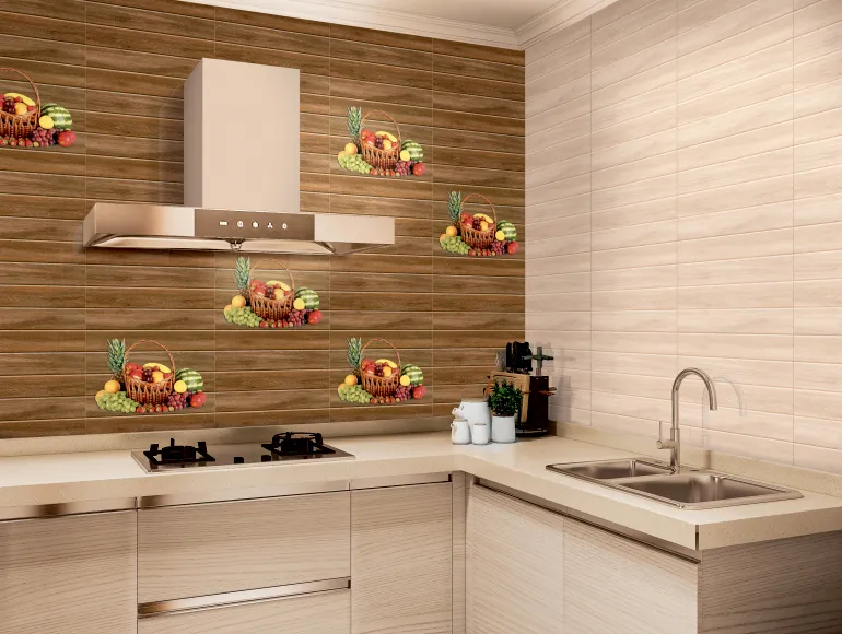 Beige kitchen with a fruit basket backsplash tiles, complemented by brown tiles.